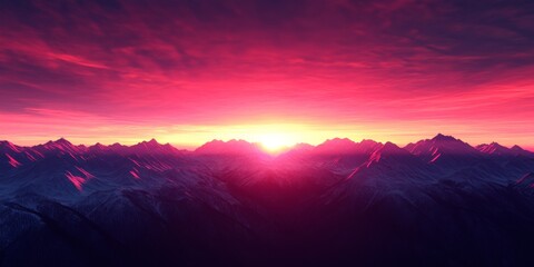 A breathtaking sunset casts vibrant pink and purple hues over majestic mountain peaks, creating a serene atmosphere.