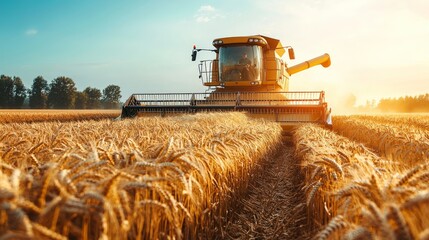 A modern combine harvester working in a golden wheat field during harvest season