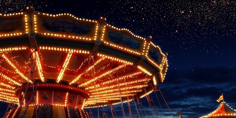 Colorful carousel illuminated at night, creating a magical atmosphere with twinkling lights and dark sky.