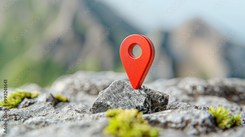 Poster location pin marker on rock with natural background highlighting navigation and travel concepts