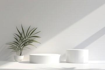 Softly lit white podiums arranged in a minimalist studio, high-resolution detail, ideal for modern product photography