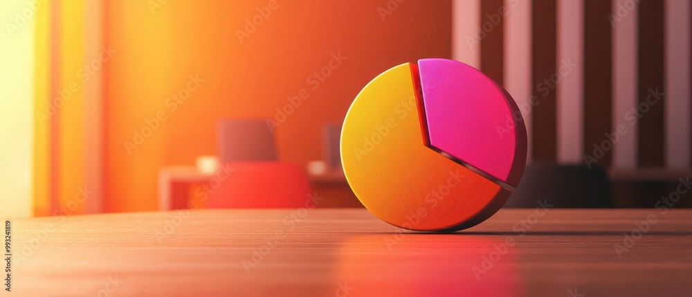 Aufkleber colorful pie chart on a wooden table, warm lighting in background, representing data analysis and st