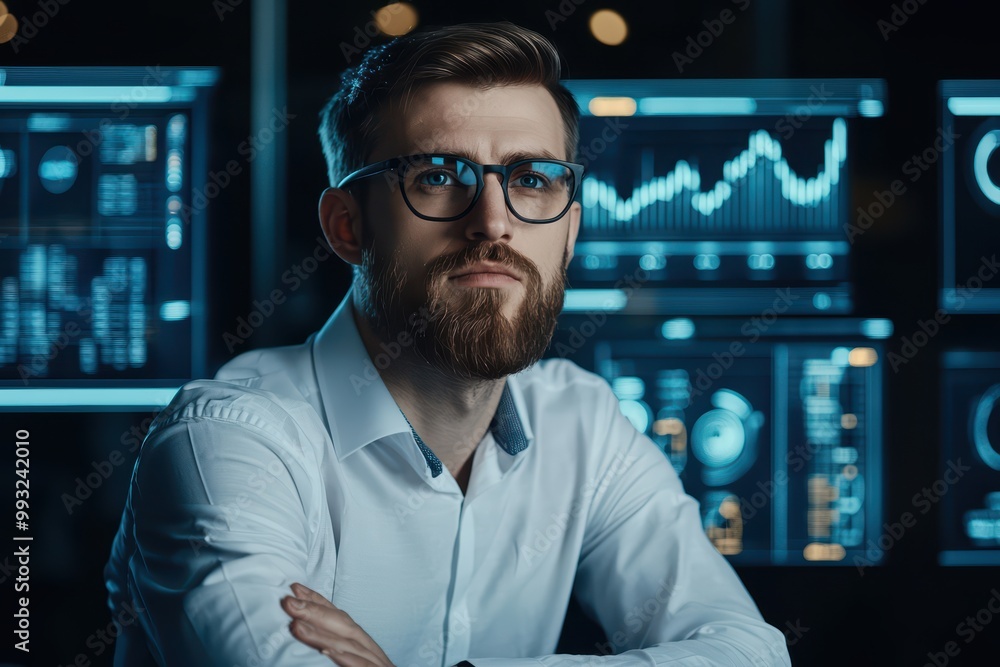 Poster confident businessman analyzing data in a modern office with digital screens displaying graphs.