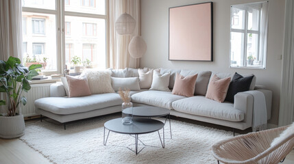 Fototapeta premium soft and modern living room featuring blush pink and gray color scheme, with cozy sectional sofa adorned with decorative pillows. space is bright and inviting, perfect for relaxation