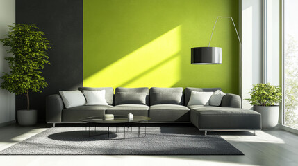 modern living room featuring bright lime green and charcoal gray color scheme, with stylish sectional sofa, decorative pillows, and elegant plants. natural light enhances vibrant atmosphere