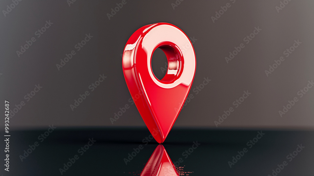 Poster location pin 3d rendering on a reflective surface with bright colors