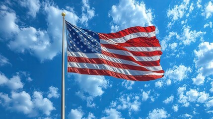 Obraz premium american flag fluttering proudly in the wind vibrant colors of red white and blue contrasting against a bright blue sky symbolizing patriotism and freedom