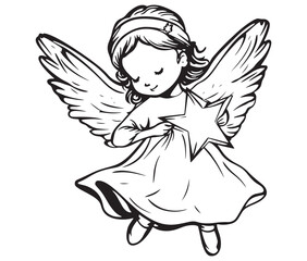 Fototapeta premium Angel with wings, Cute fairy, Angle wings line art vector