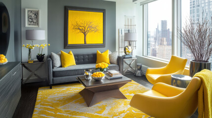 modern living room featuring stylish gray sofa, vibrant yellow accents, and striking yellow artwork. space is bright and inviting, perfect for relaxation