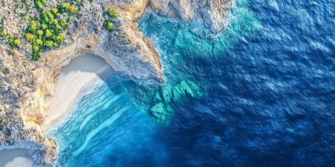 Aerial view of a serene beach with turquoise waters and rocky coastline, showcasing nature's beauty and tranquility.