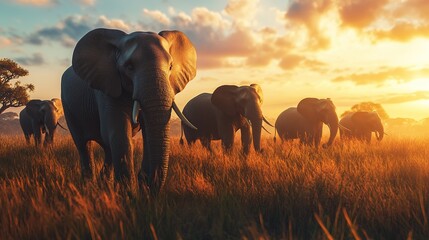 Elephants bathing in a serene river surrounded by lush tropical vegetation during golden hour