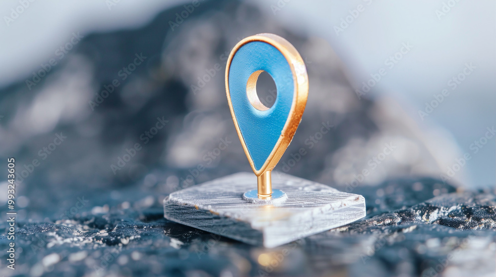Poster location pin on a marble surface with a vibrant map marker representing navigation and modern techno