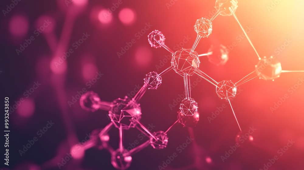 Poster abstract polygonal molecular structure in red and orange gradient