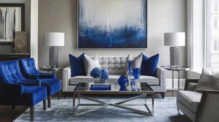 Fototapeta premium modern living room featuring stylish gray sofa with blue accent pillows, complemented by elegant blue chairs and decorative elements. sophisticated color palette creates serene atmosphere