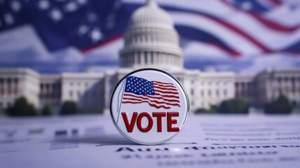Voting pin with American flag and fuzzy background of the U.S. Capitol