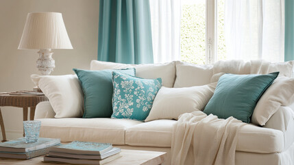Fototapeta premium Soft and soothing cream and light teal sofa adorned with decorative pillows, creating cozy and inviting living space. natural light enhances tranquil atmosphere