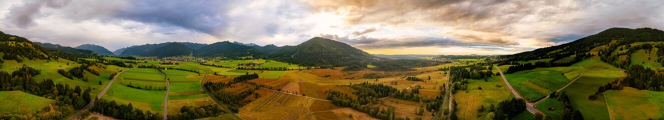 drone, drone panorama, drone flying, aerial view, landscape, nature, Alps, Ammergau Alps, Kofel, Unterammergau, mountain, autumn, forest, meadow, moor, Voralpenland, panoramic view, scenery