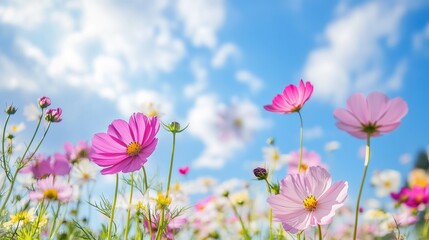Fototapeta premium Vibrant Pink Cosmos Flowers Blooming in Scenic Meadow Under Cloudy Sky