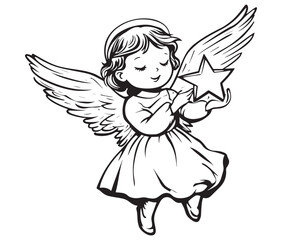 Fototapeta premium Angel with wings, Cute fairy, Angle wings line art vector