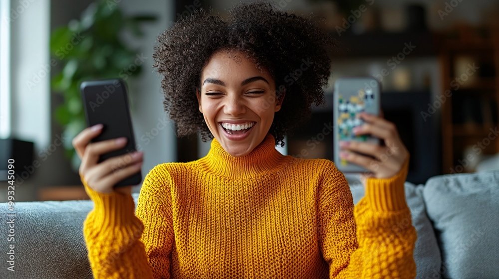 Poster a woman smiling and raising her hands in celebration after solving a word puzzle on her smartphone w