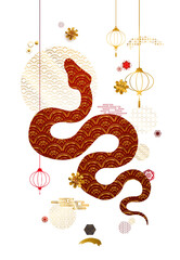 Chinese new year 2025, lunar year of Snake. Red, gold symbols with zodiac Snake illustrations, greeting traditional Chinese vector designs with horoscope snakes, Happy New Year geometric modern vector