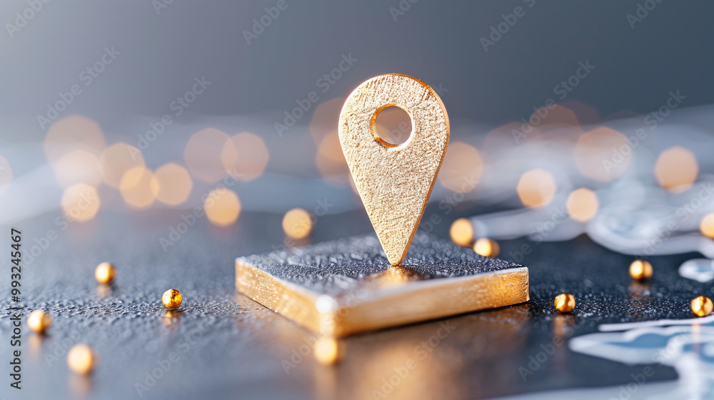 Poster map location pin and map marker on blurred background with shiny bokeh