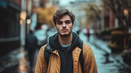 Obraz premium Confident Young Man Exploring the City Street During Autumn Season