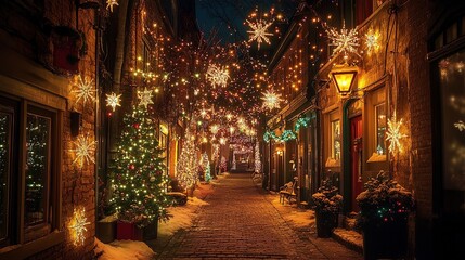 Fototapeta premium Charming winter evening in a festive, decorated alley filled with twinkling lights and holiday spirit during Christmas season