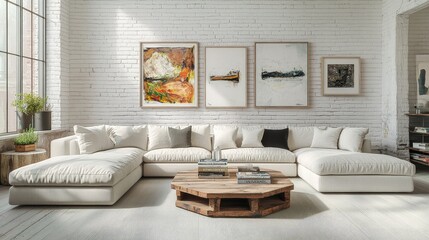 Bright and airy living room with whitewashed brick walls