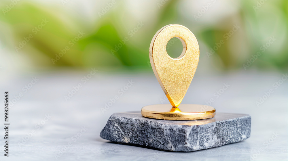 Poster location pin and map marker on stone platform with blurred greenery background