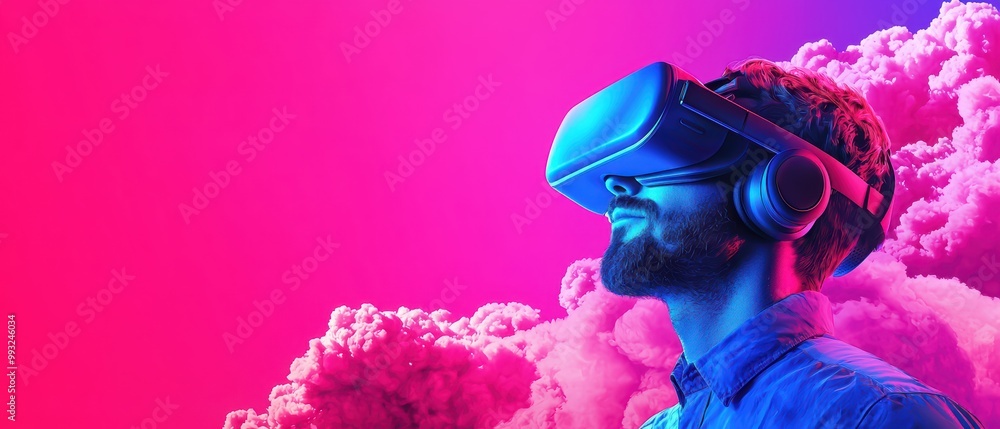 Poster man experiencing immersive virtual reality with vibrant colors and clouds in a futuristic setting.
