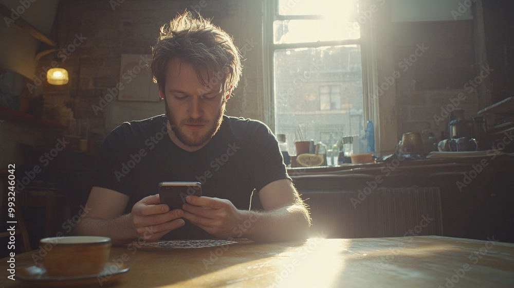 Poster A man sitting at his breakfast table playing a word puzzle game on his smartphone with the sun shining through the window Large space for text in center Stock Photo with copy space