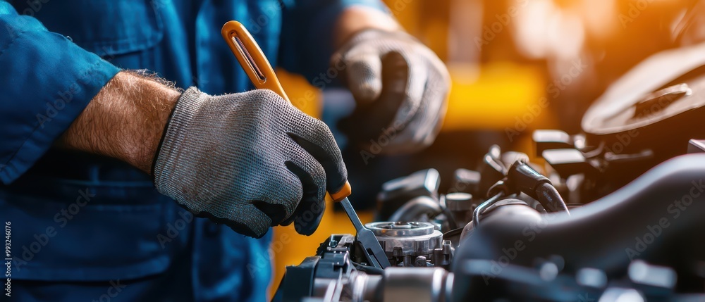 Poster mechanic working on an engine with tools, focused and skilled in an automotive workshop.