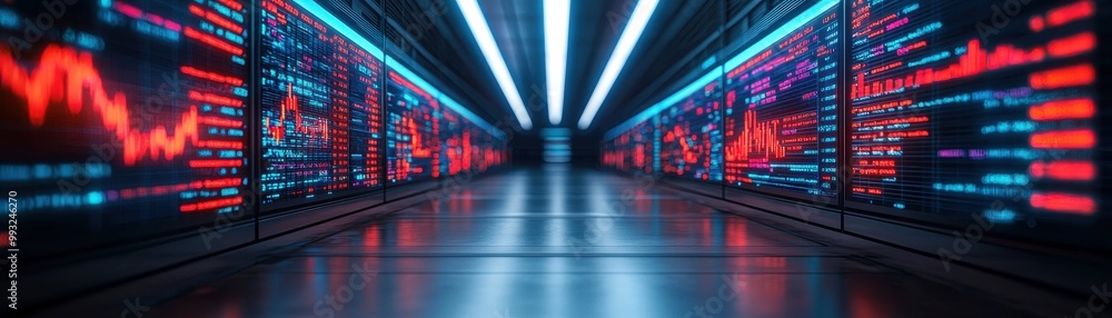 Poster futuristic corridor with digital screens displaying stock market data and graphs, illuminated by vib