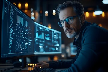 Business Professional Updating Software on Computer in Modern Office