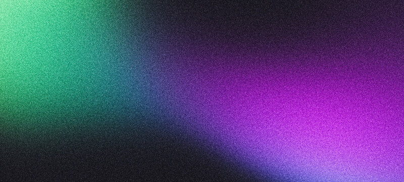 Grainy abstract background, noisy color gradient purple green blue pink vibrant glowing shape on black backdrop, dark banner poster header cover wallpaper design