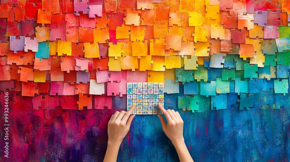 Aufkleber A person typing a message to their friends in a group chat sharing their word puzzle game results with excitement Large space for text in center Stock Photo with copy space