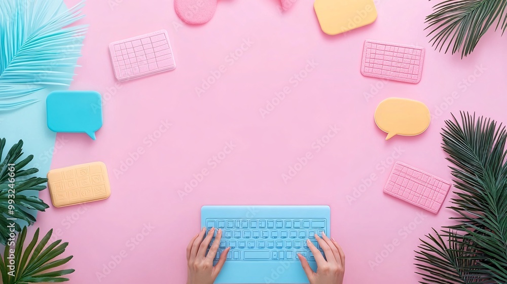 Poster A person typing a message to their friends in a group chat sharing their word puzzle game results with excitement Large space for text in center Stock Photo with copy space