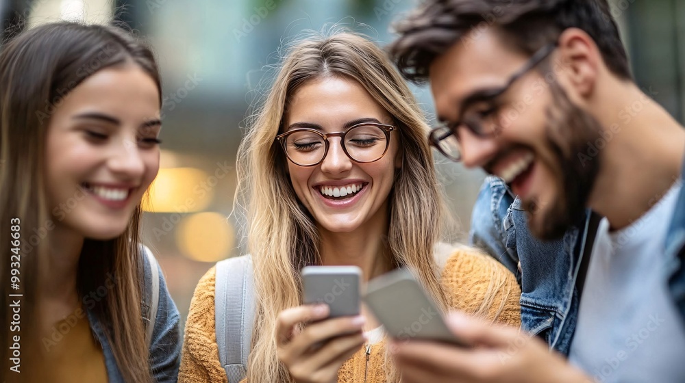 Aufkleber A group of friends texting each other their word puzzle game results and comparing scores while laughing and chatting Large space for text in center Stock Photo with copy space
