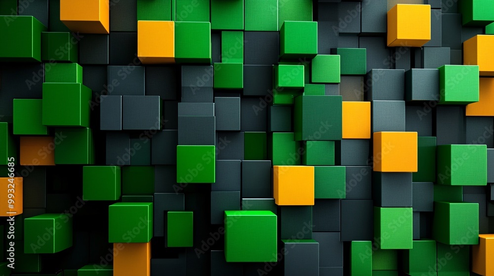 Poster A minimal illustration of a word puzzle game screen with tiles turning green and yellow as words are guessed Large space for text in center Stock Photo with copy space