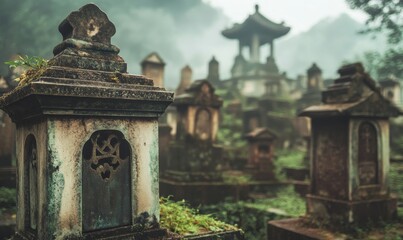 Stone structures in a misty cemetery.