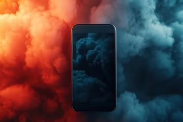 Modern smartphone surrounded by colorful smoke on a dark background.