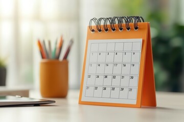 Modern tabletop calendar on a desk, featuring clean design and vibrant colors, perfect for organizing schedules.