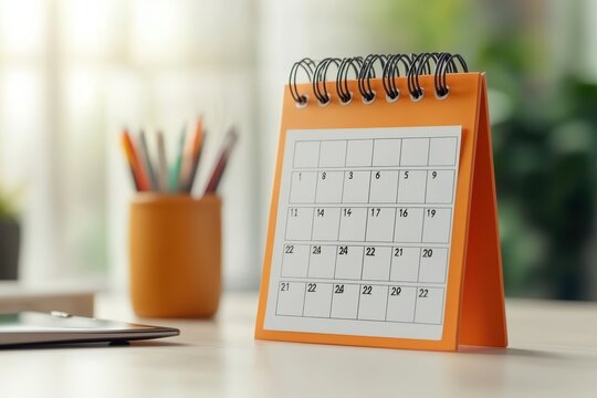 Modern tabletop calendar on a desk, featuring clean design and vibrant colors, perfect for organizing schedules.