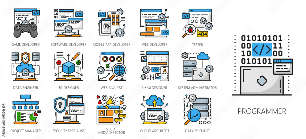 Aufkleber web development color line icons. it specialist, career and job vacancy vector symbols of programmer