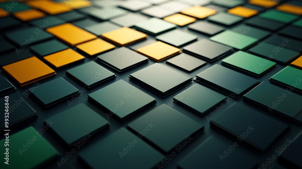 Poster A minimal illustration of a word puzzle game screen with tiles turning green and yellow as words are guessed Large space for text in center Stock Photo with copy space