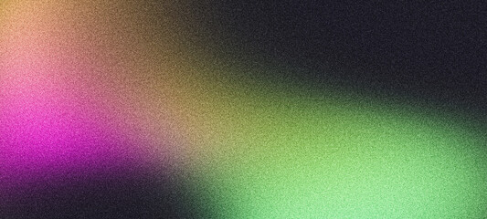 Grainy abstract background, noisy color gradient purple green blue pink vibrant glowing shape on black backdrop, dark banner poster header cover wallpaper design