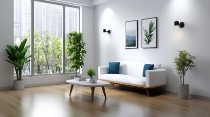 Fototapeta premium Modern Living Room with Natural Light and Greenery