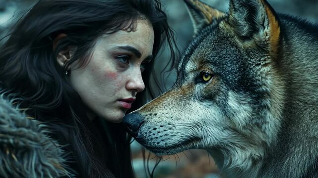A woman with long black hair stares intently into the eyes of a gray wolf