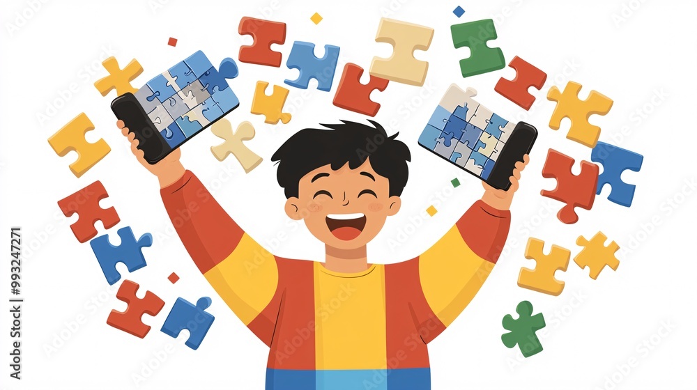 Poster A stylized vector of a person celebrating after solving a word puzzle game on their phone held up high in victory Large space for text in center Stock Photo with copy space